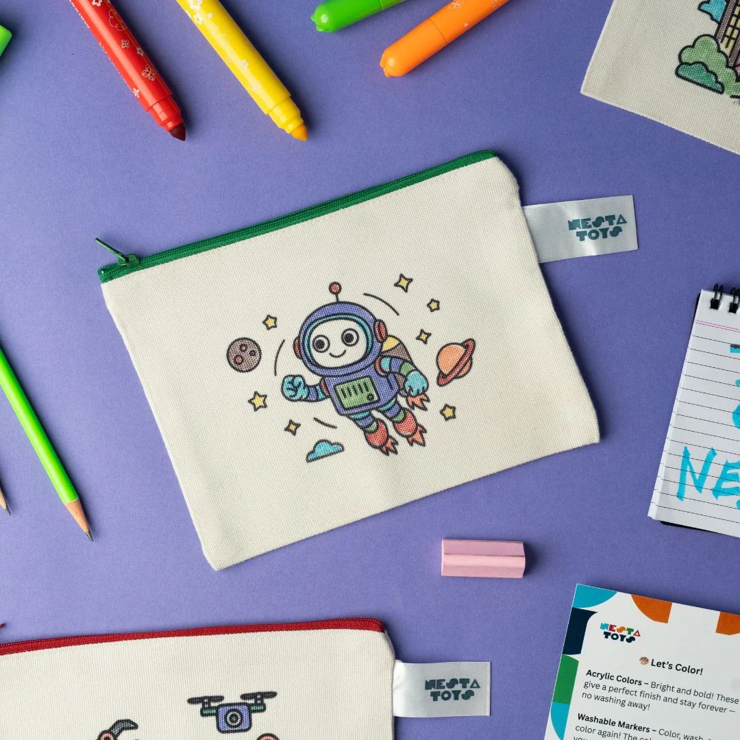 DIY Coloring Cotton Pouch for Kids (Set of 4) – Robots and Future Tech - Image 10
