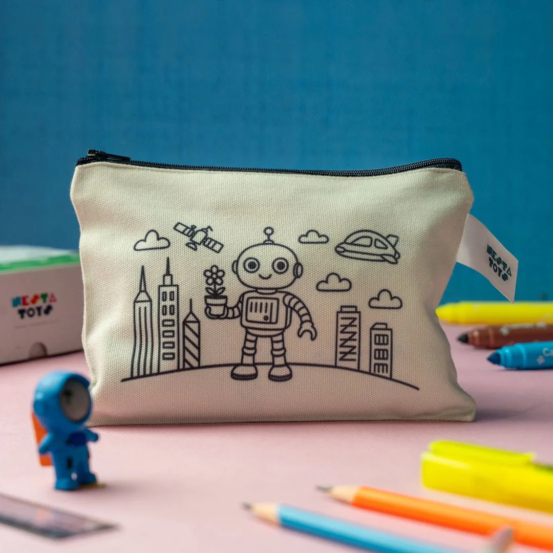 DIY Coloring Cotton Pouch for Kids (Set of 4) – Robots and Future Tech - Image 3