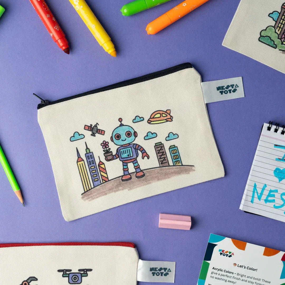 DIY Coloring Cotton Pouch for Kids (Set of 4) – Robots and Future Tech - Image 4