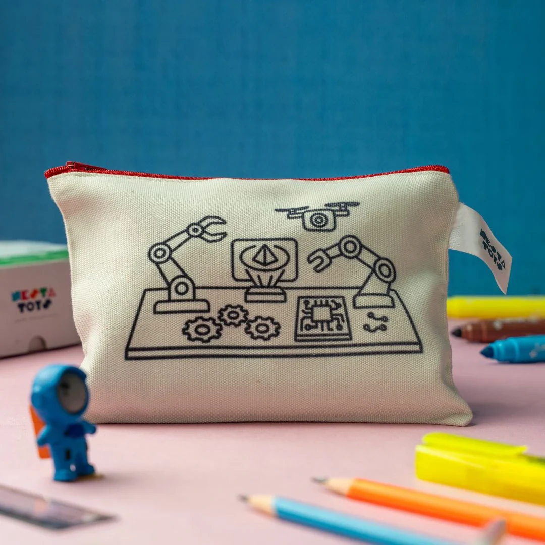 DIY Coloring Cotton Pouch for Kids (Set of 4) – Robots and Future Tech - Image 5