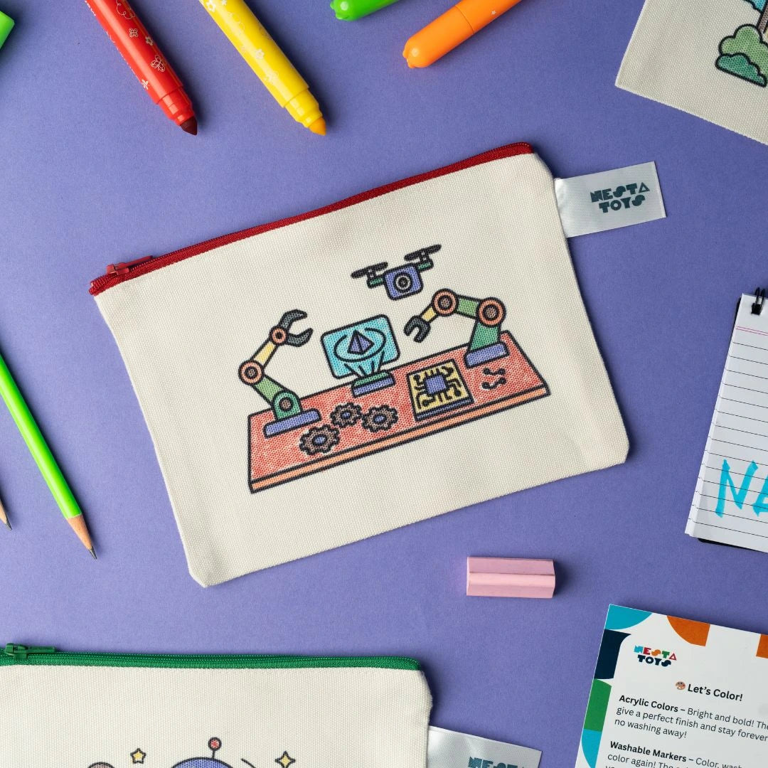 DIY Coloring Cotton Pouch for Kids (Set of 4) – Robots and Future Tech - Image 6