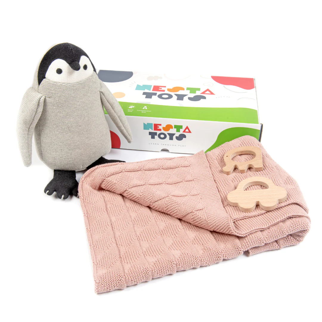 Newborn Gift Set – Swaddle, Penguin Plush Toy & Wooden Teethers - Image 11