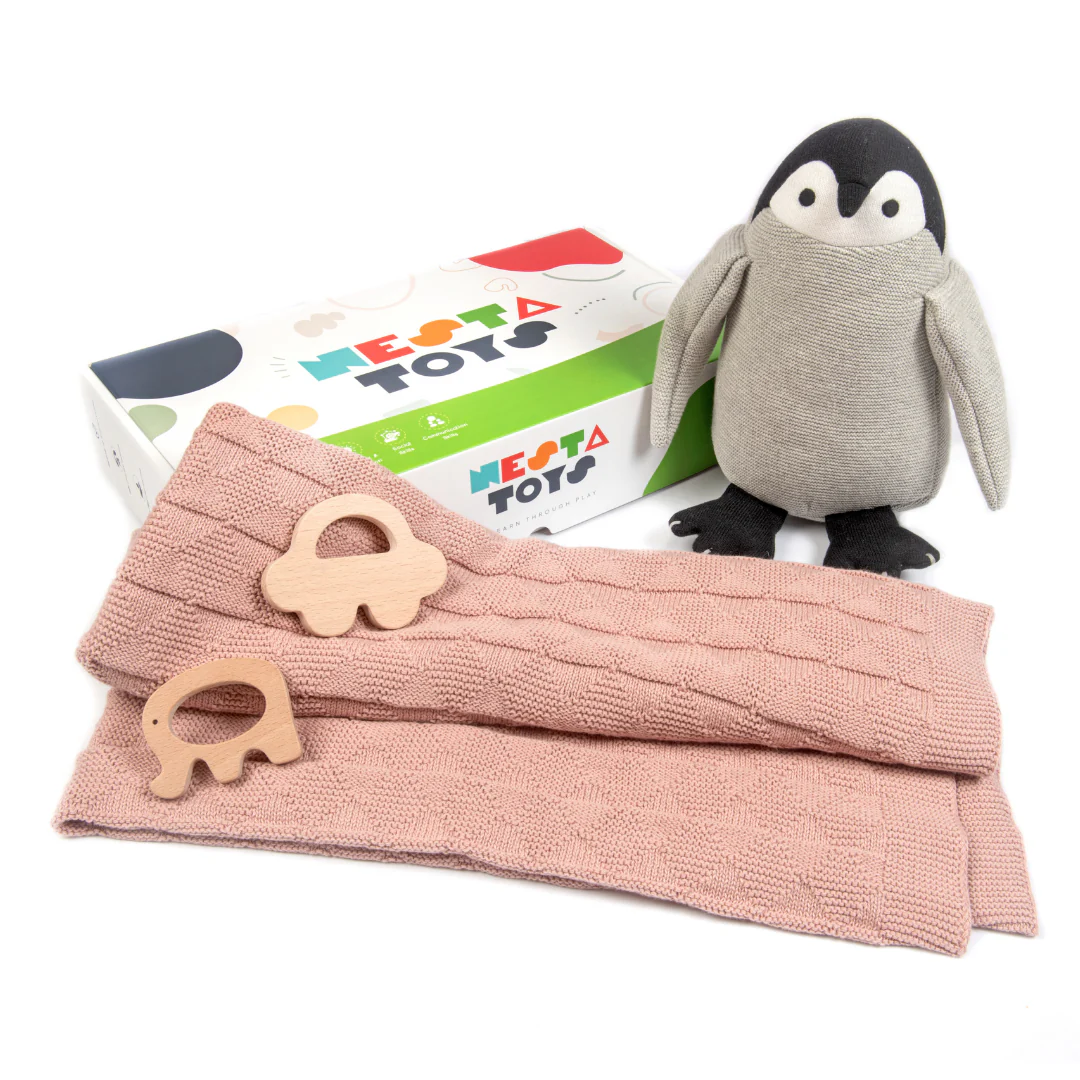Newborn Gift Set – Swaddle, Penguin Plush Toy & Wooden Teethers - Image 3