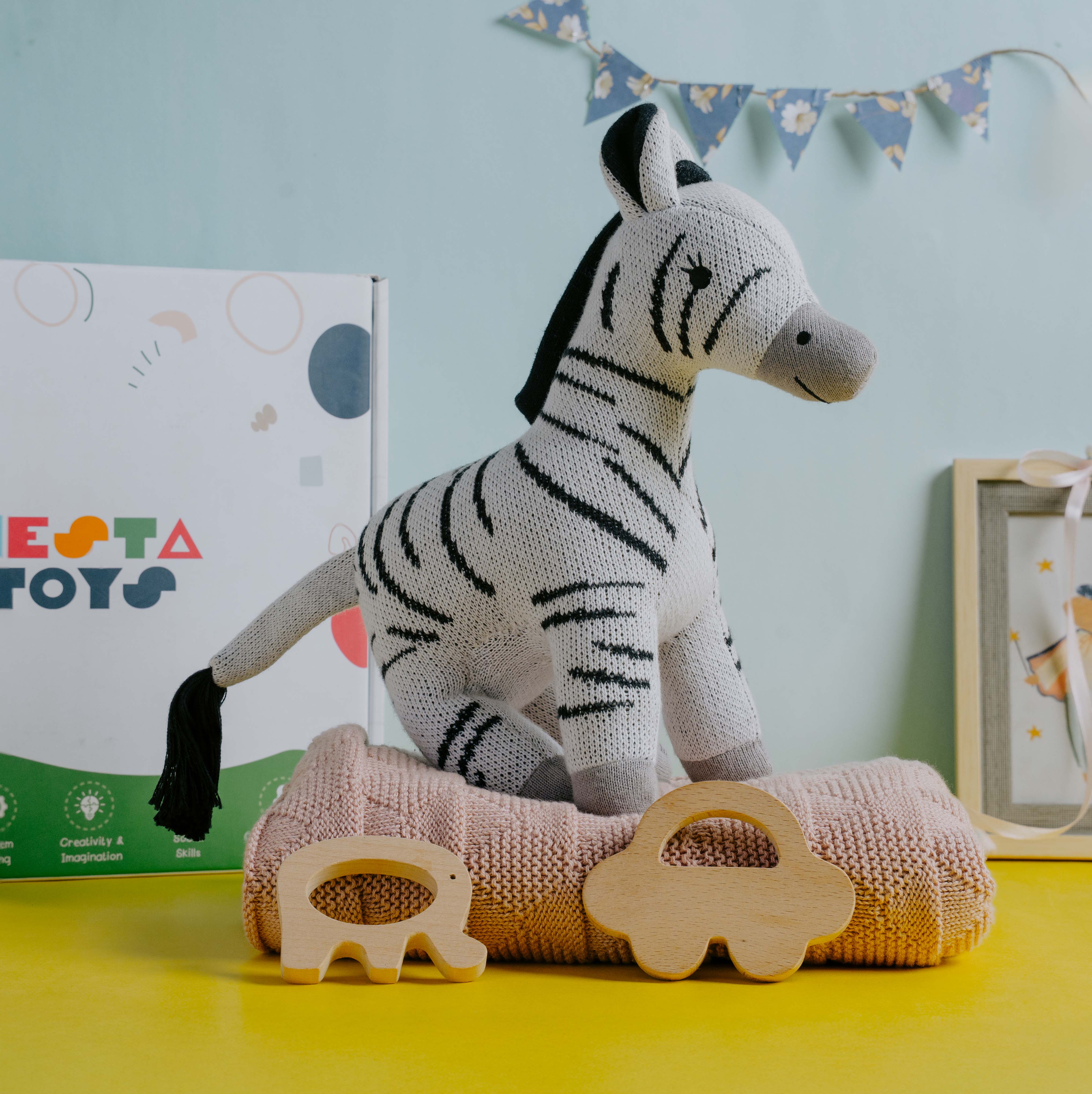 Newborn Gift Set – Swaddle, Zebra Plush Toy & Wooden Teethers - Image 5