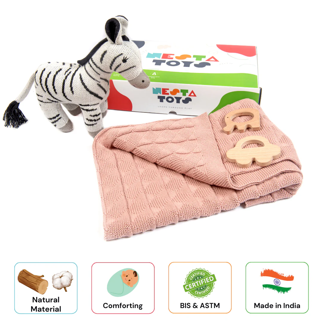 Newborn Gift Set – Swaddle, Zebra Plush Toy & Wooden Teethers - Image 9