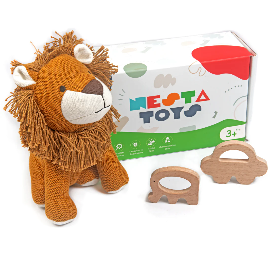 Newborn Gift Set - Lion Plush Toy, Wooden Elephant & Car Teether - Image 3