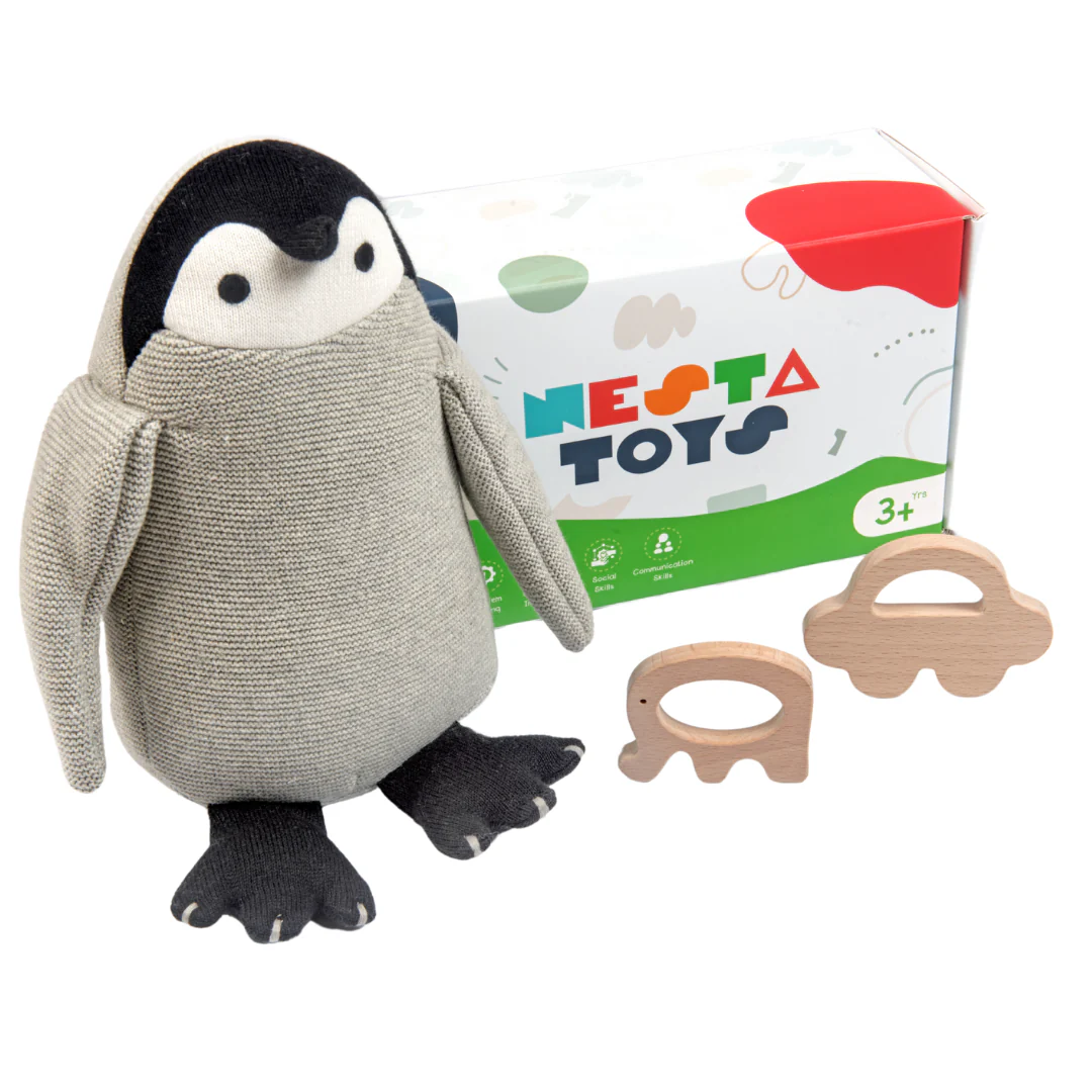 Newborn Gift Set - Penguin Plush Toy &  Wooden Teethers - Image 2