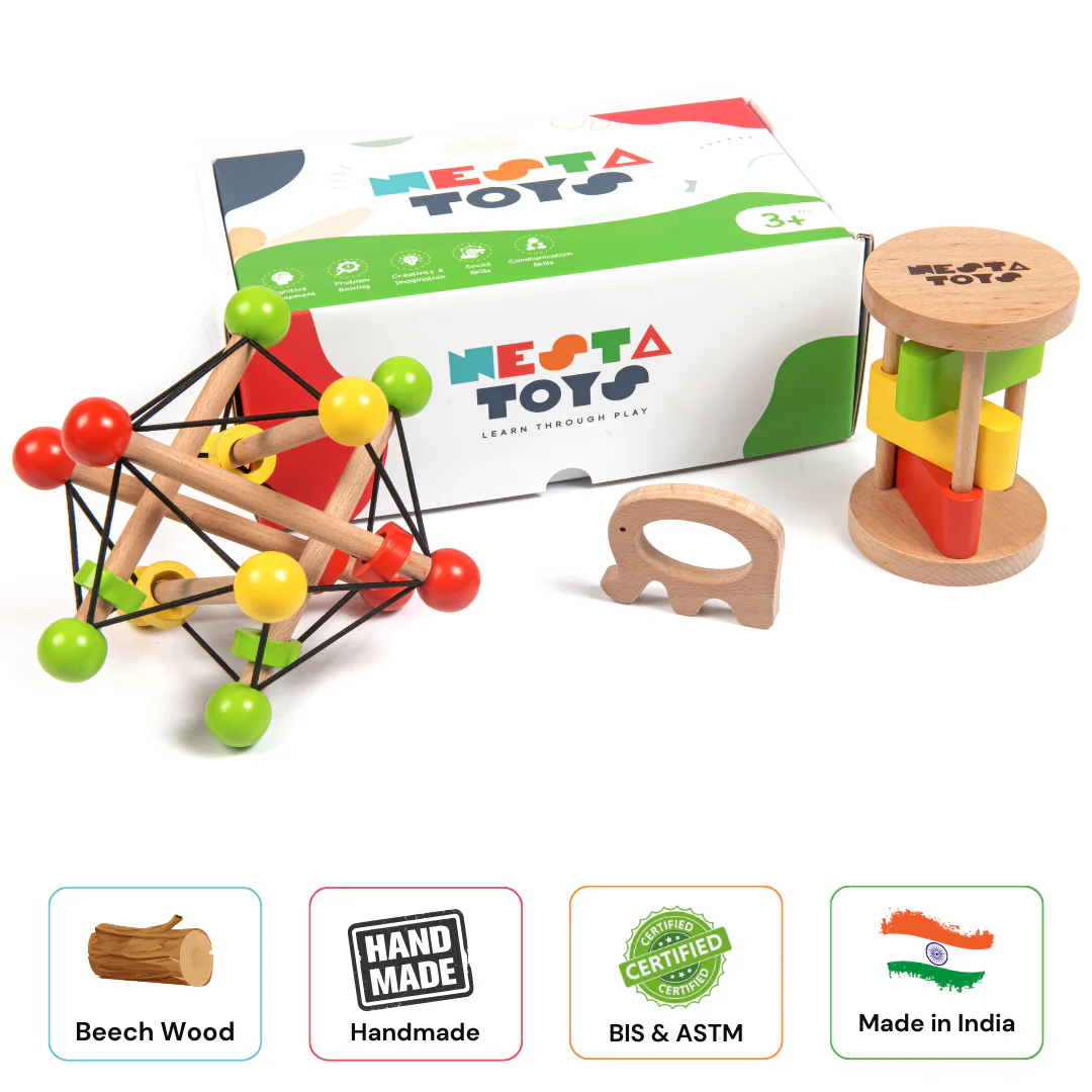 Newborn Gift Set – Wooden Skwish Rattle, Clacker Rattle & Elephant Teether - Image 4