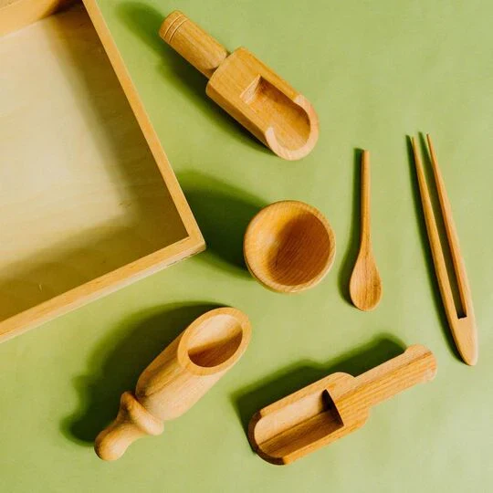 Sensory Wooden Bin Tools with Montessori Tray (7 Pcs) - Image 5