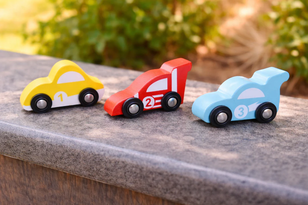 Wooden Car (3 Pcs) - Sky Blue, Yellow, Red - Image 3